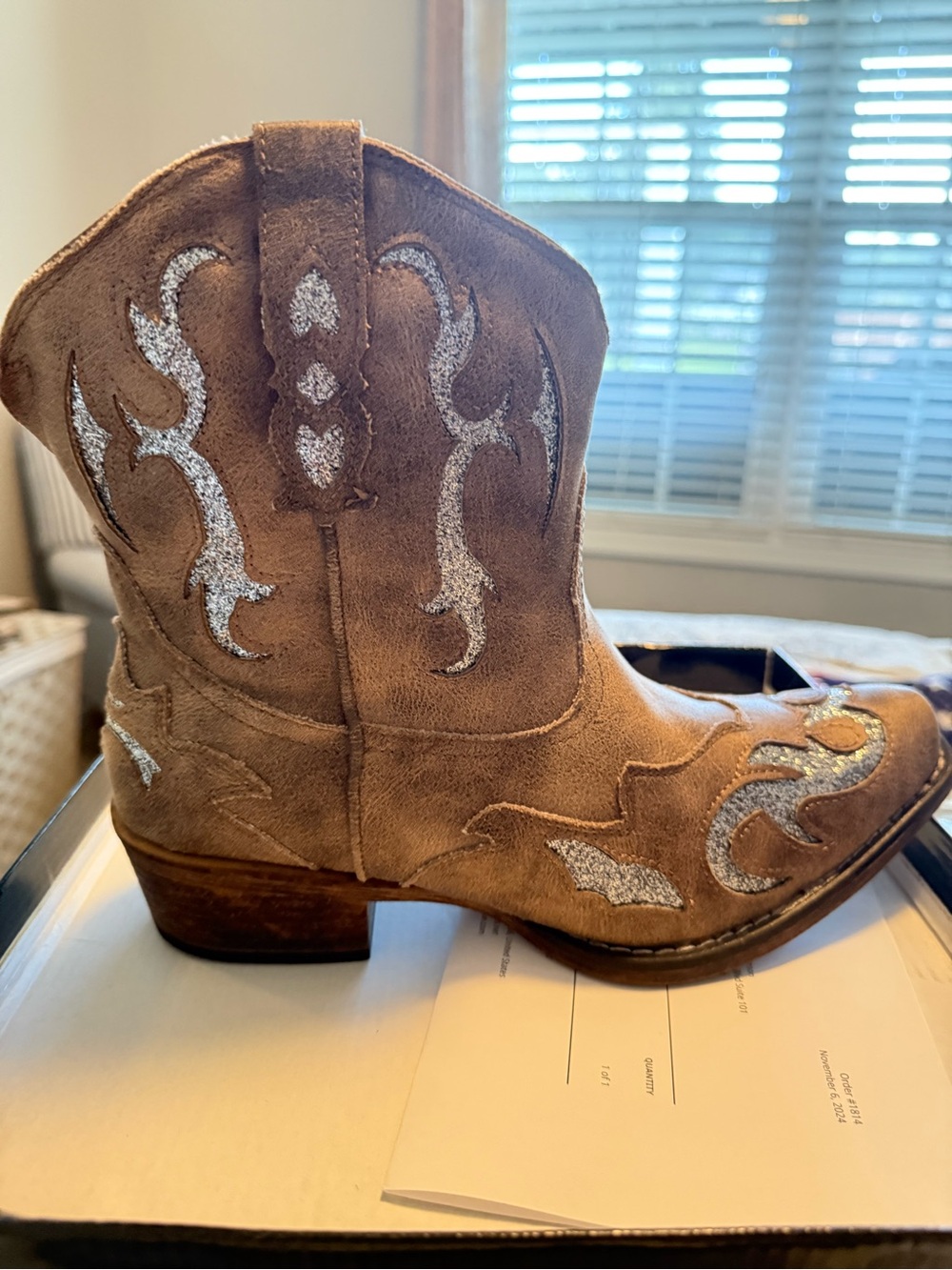 Pierre Dumas Tan Suede Western Ankle Booties with Silver Glitter Accents